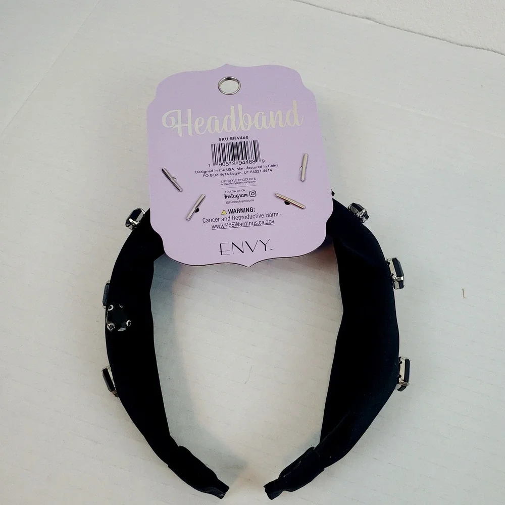 Knotted Headband Black Satin Faux Black Rhinestones